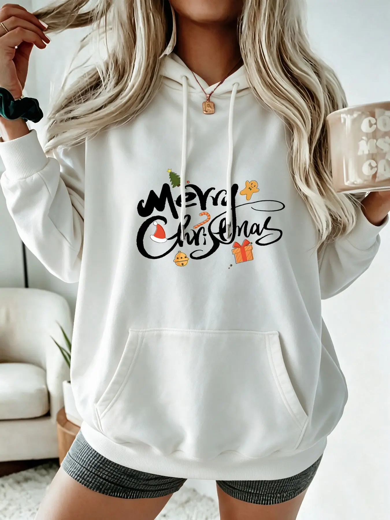 Cute Cartoon Christmas Women Hoodie Merry Christmas Hand Lettered Gingerbread Gift Bell Graphic Print Oversized Fleece Long Sleeve Pullover White Casual Top