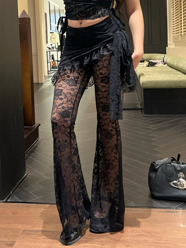 AltGoth Gothic Dark Lace Pants Women Vintage Y2k Streetwear Emo Sexy See Through Velevt Patchwork High Waist Flare Pants Female