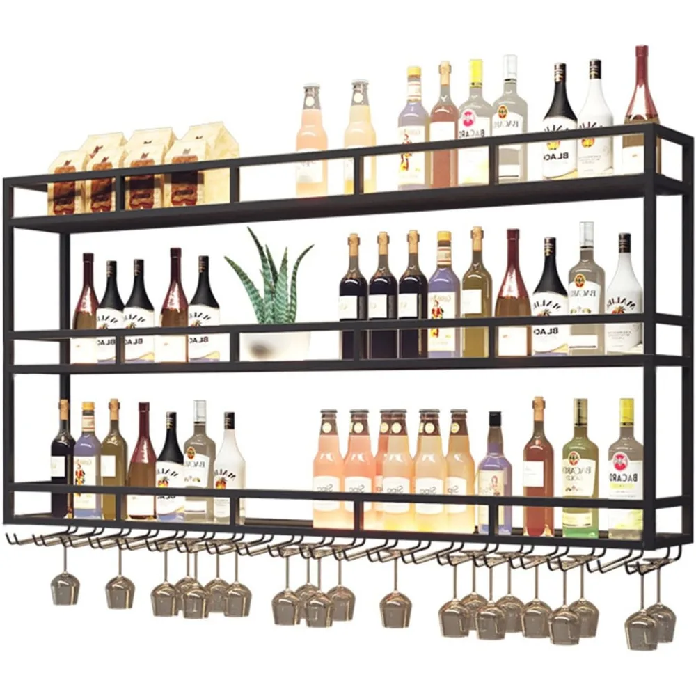 

large heavy duty 59in wine rack with led wall mounted bottle glass holder under shelf, 3-tiers liquor floating shelves display s