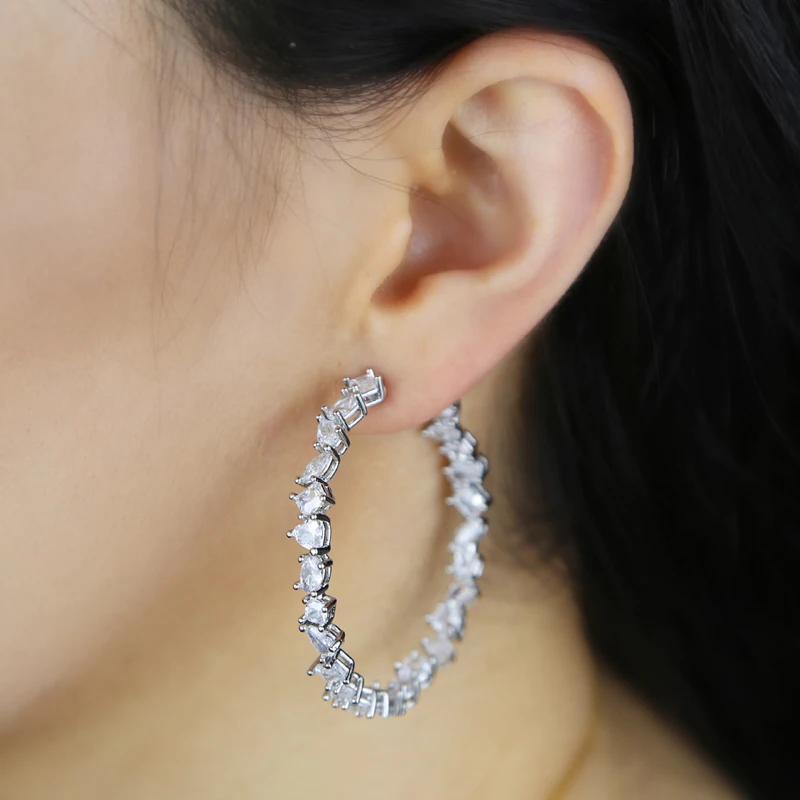 High Quality Rectangle Round Cubic Zirconia Various Shaped Hoops Earring Luxury Iced Out Bling CZ 45mm Big Huggie Women Jewelry