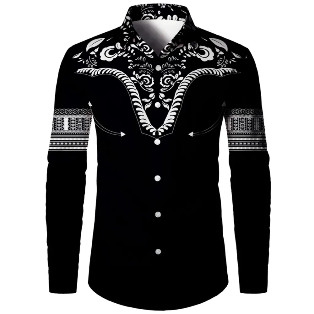 

Retro Men's Lapel Shirt Men's Exquisite Ethnic Print Slim Shirt New Fall Fashion Office Long-sleeved Blouse Elegant T-shirt