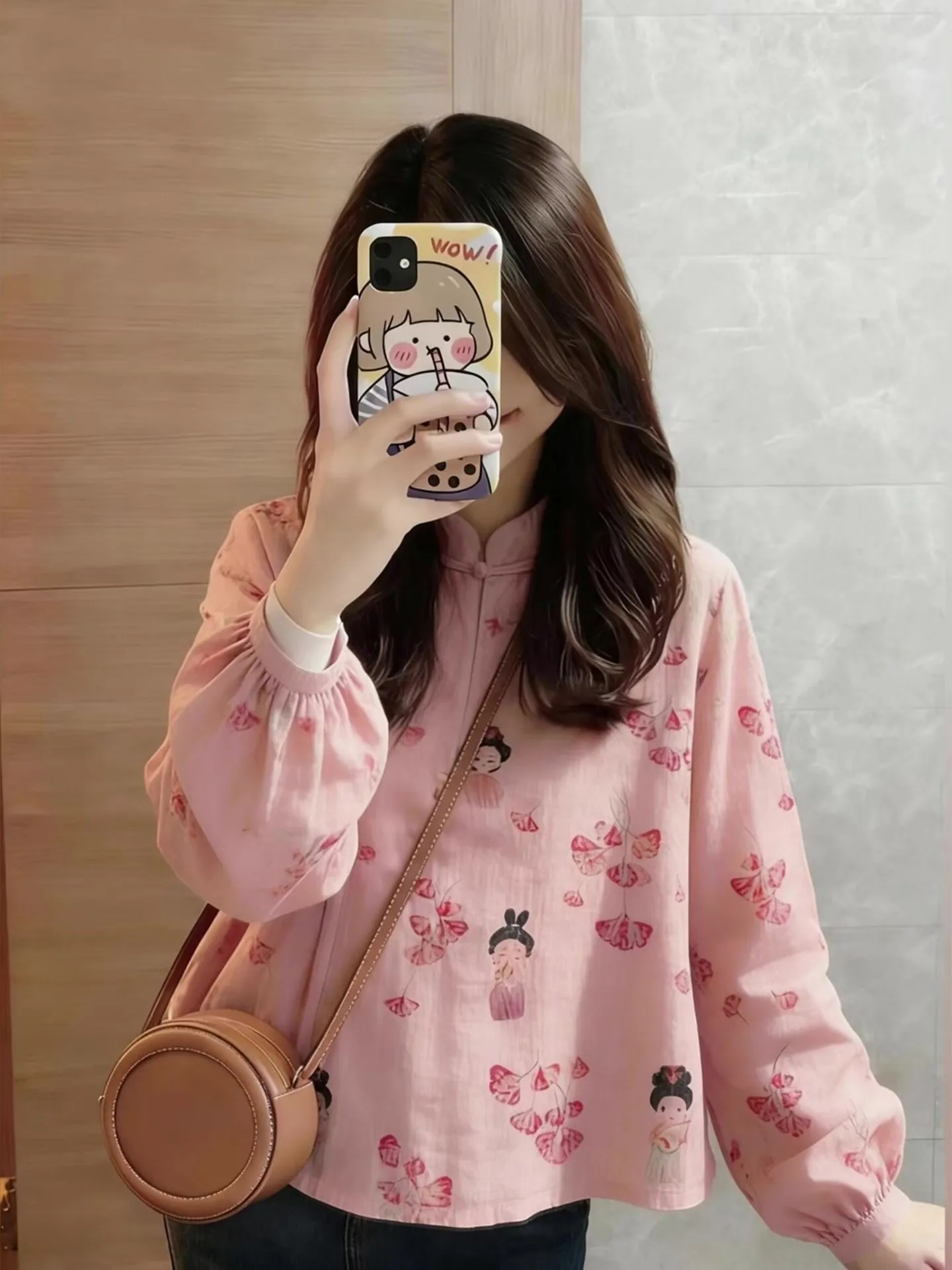

Pink Printed Loose Women's Top Fashionable Trendy Korean Style Commute Wind Autumn Winter Casual Comfortable Inner Wear