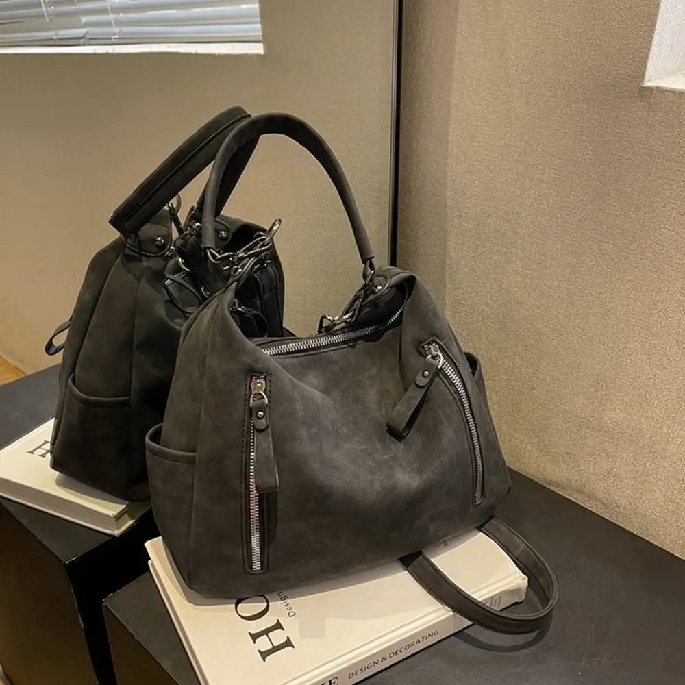 

Vintage Frosted PU Leather Shoulder Bag For Daily Used Double Zipper Casual Tote Women's Crossbody Bags For Commuting