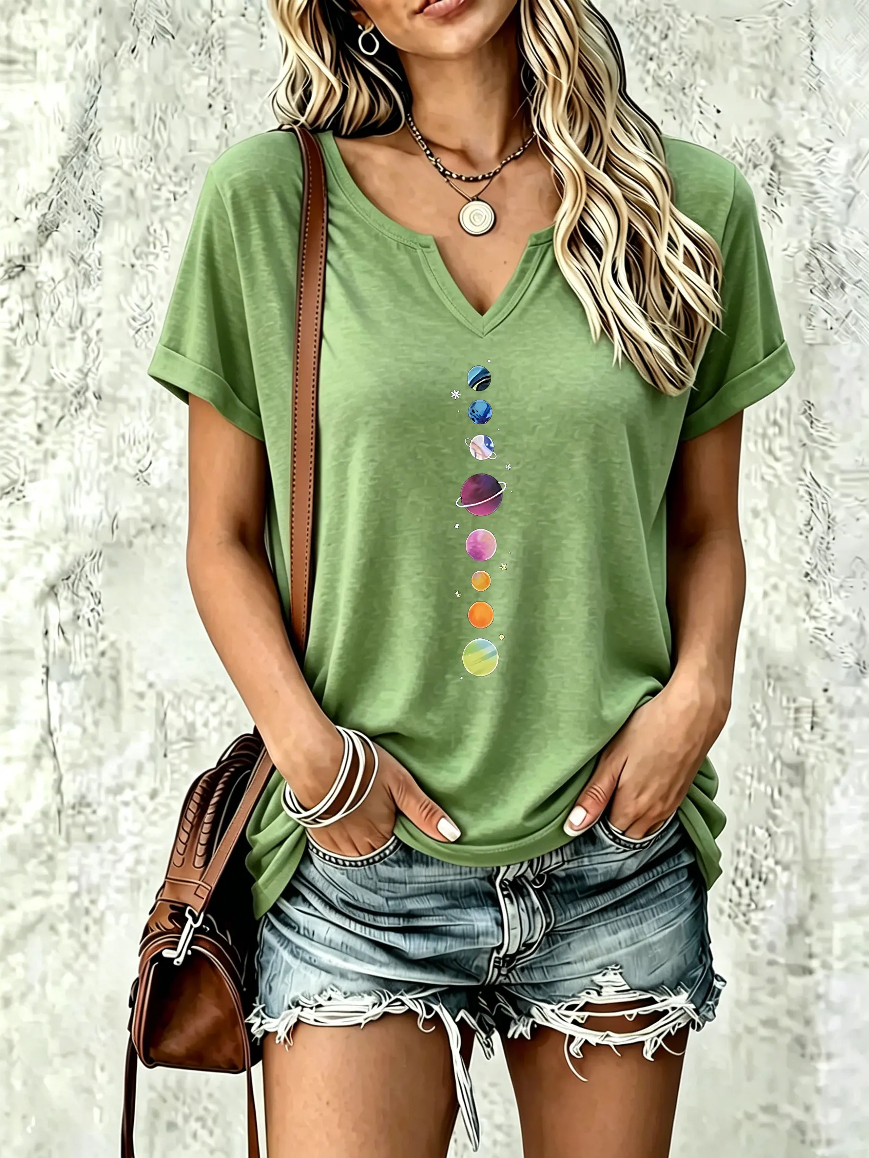 Women Summer V‑Neck Short Sleeve T‑Shirt,Vertical Solar System Planet Star Graphic Print Casual Everyday Basic Tees for Women
