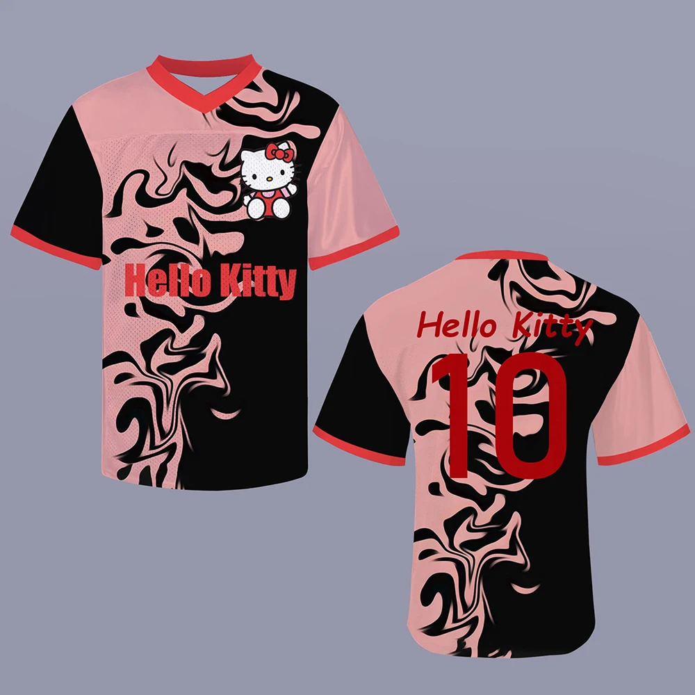 

Women's Oversized T-shirt V-neck Short Sleeved 2025 Summer Red Hello Kitty Printed Street Top Casual Football Jersey Y2k T-shirt