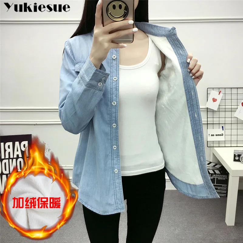 2022 Casual winter Autumn warm thick fleece denim Blouses Women Ladies Tops Women Blouses Long Sleeve Shirt clothe S-3XL