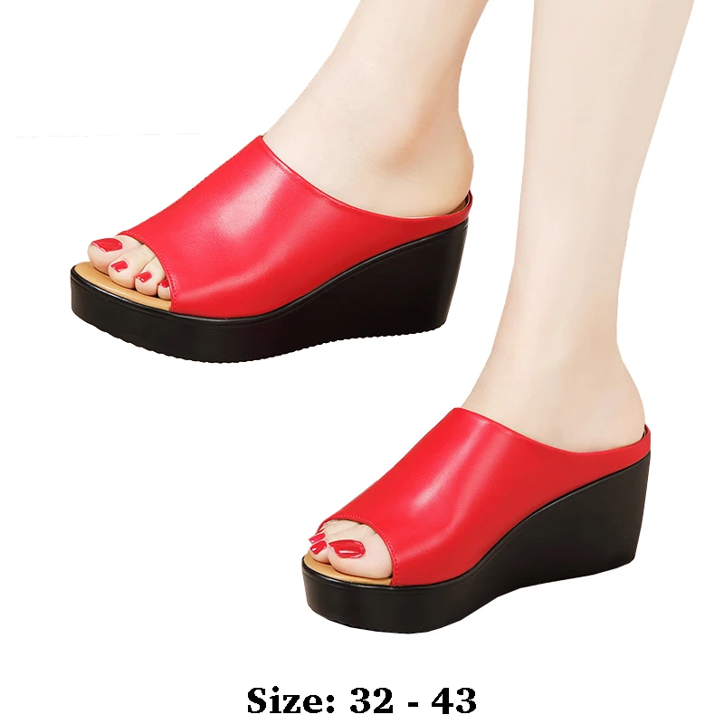 

high quality summer leather wedge sandals for women 6cm mid heel new 2025 size 32 33 43 platform open toe elegant shoe black red