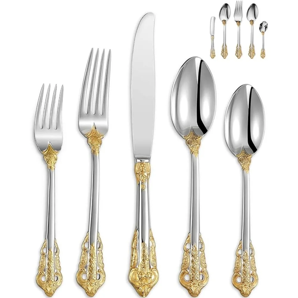 

Silver Plated With Gold Accents Stainless Steel Spoons and Forks Set Luxury 45 Pieces 18/10 Stainless Steel Flatware Set Spoon