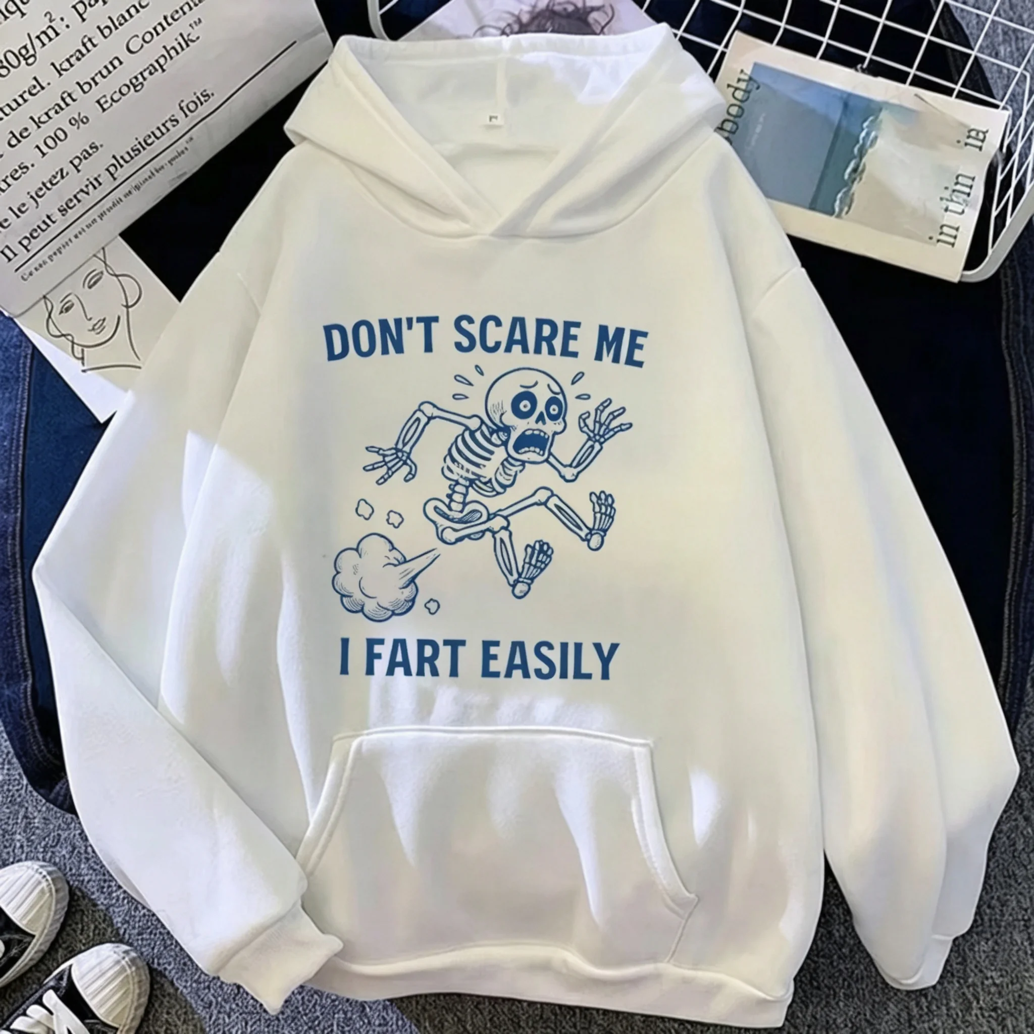 Men Women Halloween Funny Running Skeleton Graphic Hoodie Don't Scare Me Slogan Print Pullover Sweatshirt Loose Casual Daily