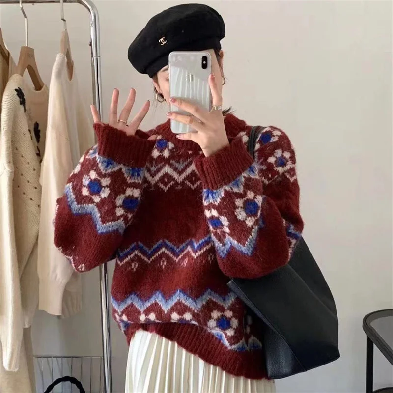 Green and red Christmas Sweater for women 2021 new autumn and winter thickened loose and lazy style