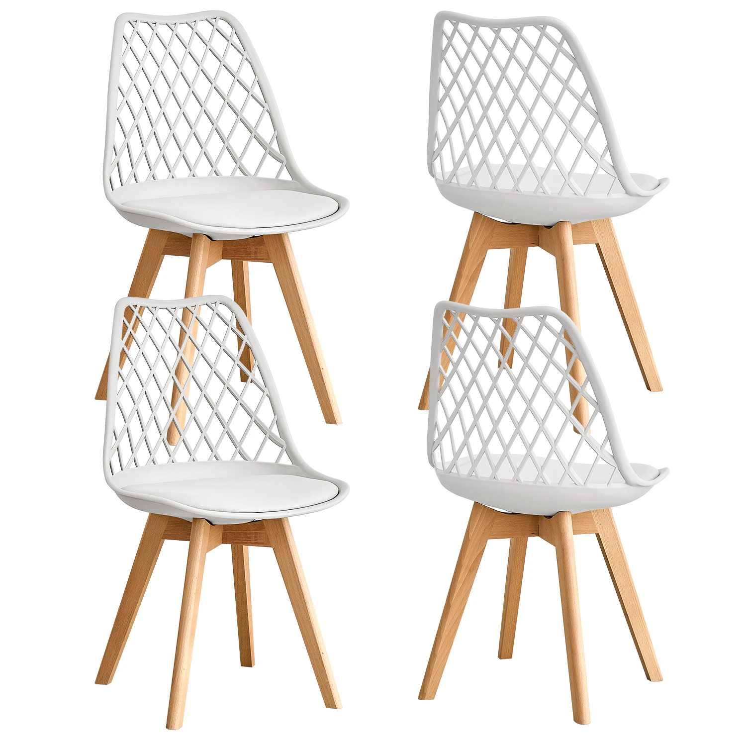 Set van 4/6 eetkamerstoelen in Scandinavische stijl, rugleuning van mesh, massief houten poten, stoel met leren bekleding, wit/zwart/beige