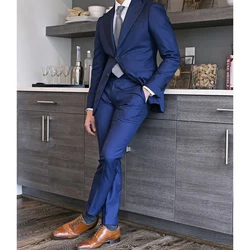 Suits For Men Wedding Groom Blue Single Breasted Peaked Lapel Blazer Masculino Two Piece Jacket Pants Slim FIt Fashion Elegant