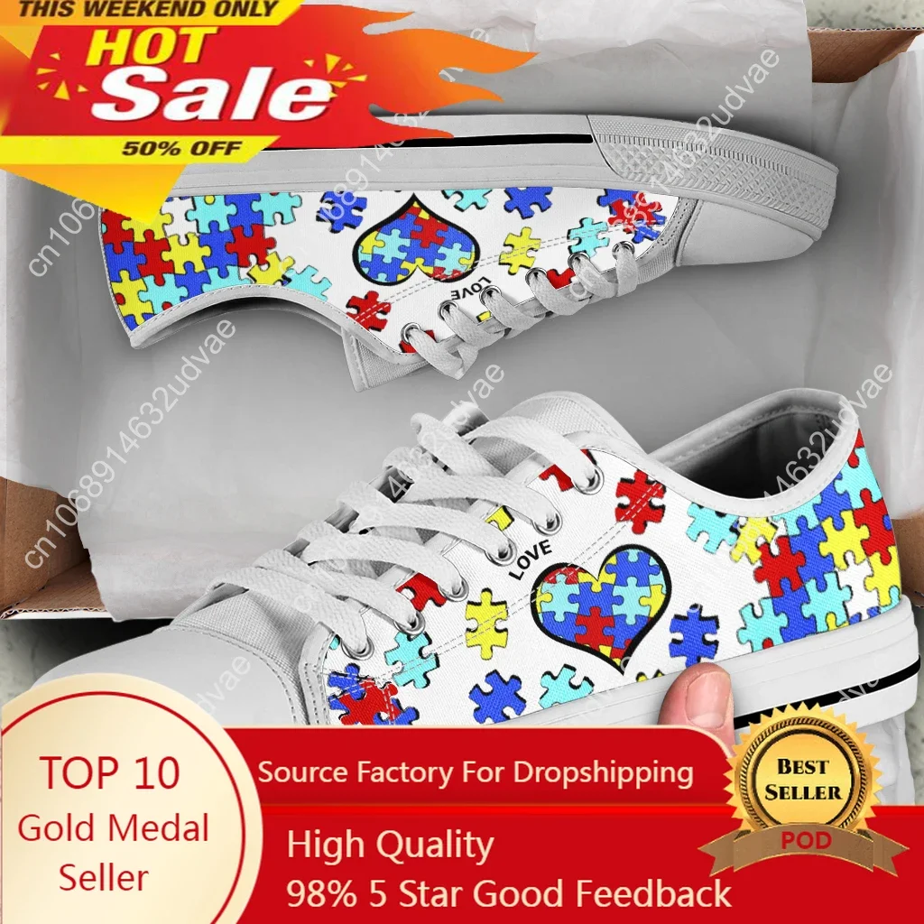 White Autism Awareness Heart Women Shoes New Retro Lowtop Sneakers Shoes For Women Canvas Round Toe Causal Flats Shoes 2022