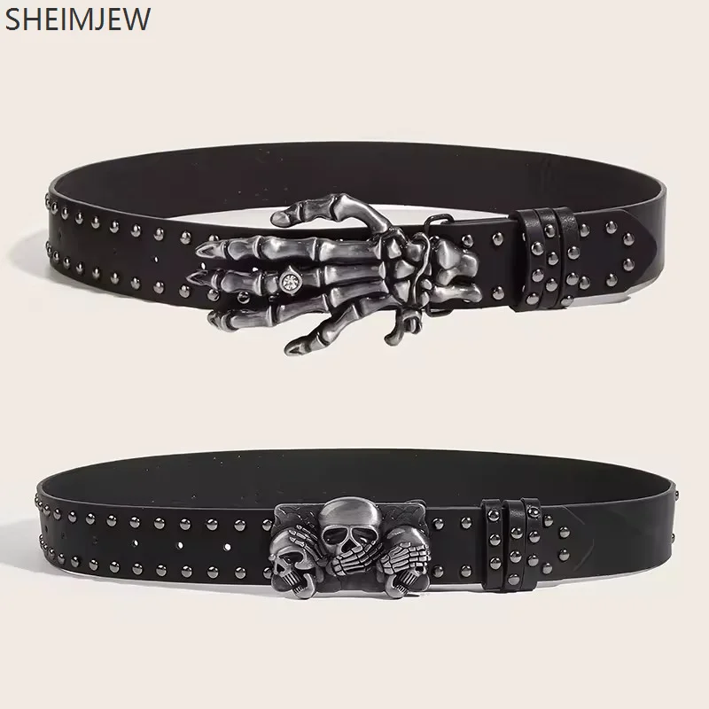 Punk Belt Unisex Fashion Personality Jeans Accessories Halloween Cosplay Skeleton Hand Bone Metal Buckle Pu Belt Retro Y2k Belt