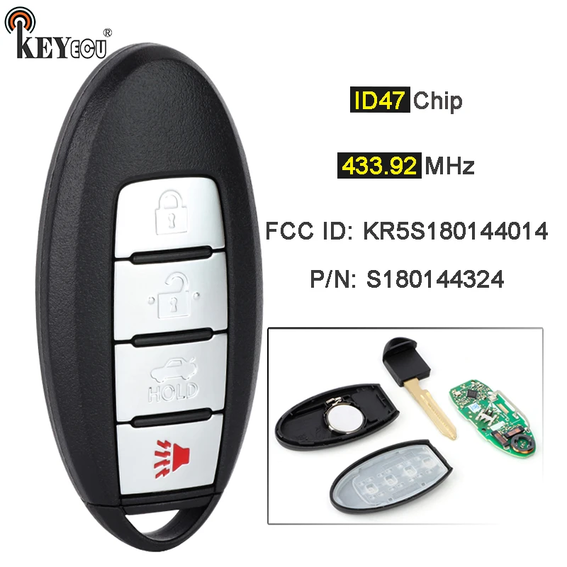 

KEYECU 433.92MHz ID47 Chip S180144324 KR5S180144014 Smart Remote Car Key Fob 4 Button for Nissan Altima Maxima 2016 2017 2018