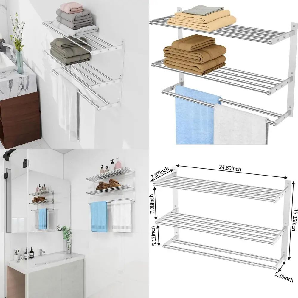 

24 3-Tier Stainless Steel Bathroom Towel Rack with Double Bar, Brushed Nickel Finish for Storage