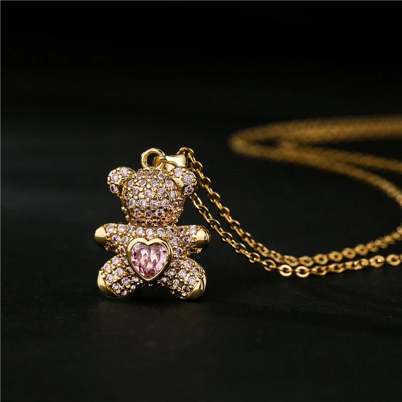 GANPUP Stilvolle Niedliche Bären-Herz-Halskette mit Glänzendem Zirkonia-Anhänger für Damen, Modische Schlüsselbeinkette, Choker-Schmuck, Geschenk – Detail 4