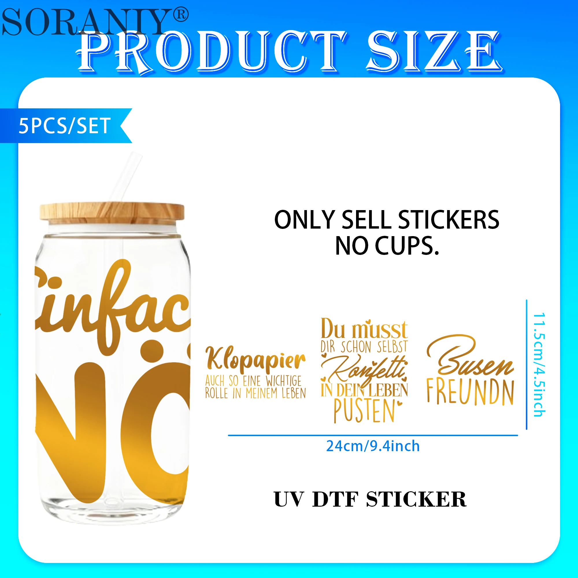 UV DTF 16OZ DIY Transfer Stickers - 5 Pieces/Set Golden Text German Inspirational Quotes Theme 16 Oz Glass Jar Packaging Transfe