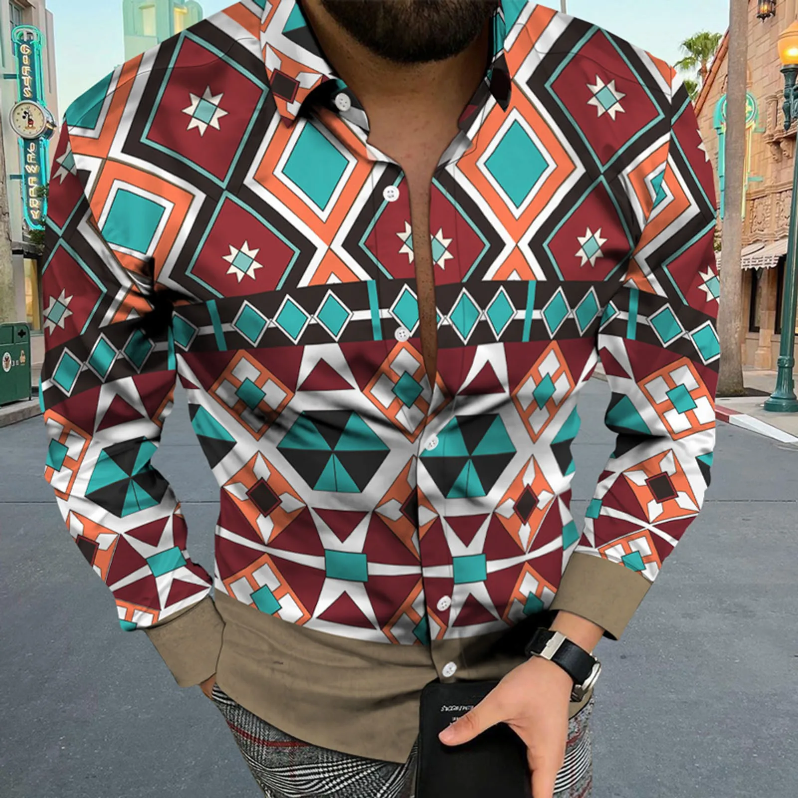 Fashion Long Sleeve Men Shirts Slim Fit Social Casual Aztec Ethnic Rockabilly 3D Print Dress Camisas Flower Retro Plaid Blouse