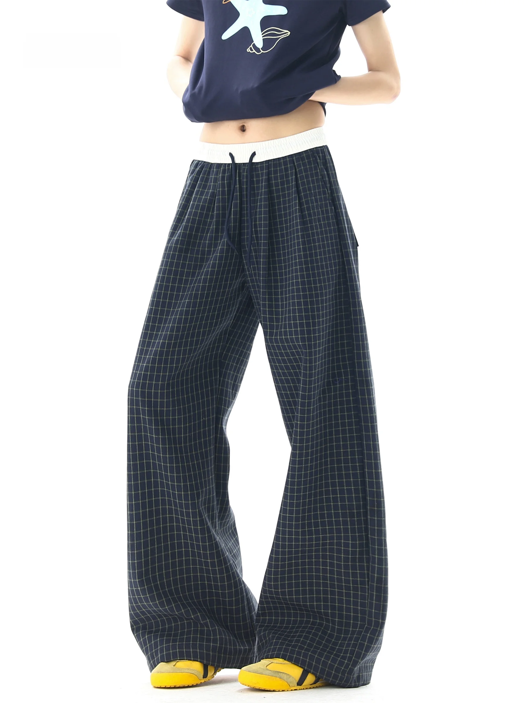 

American Style Loose Fit Plaid Pants Women Summer Vintage Wide Leg Floor Length Casual Trousers Comfortable Loose Waisthead