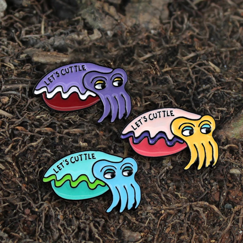 Bros LET'S CUTTLE biru ungu merah muda cumi-cumi Enamel Pin lencana hewan bros untuk anak-anak wanita hadiah perhiasan cumi-cumi