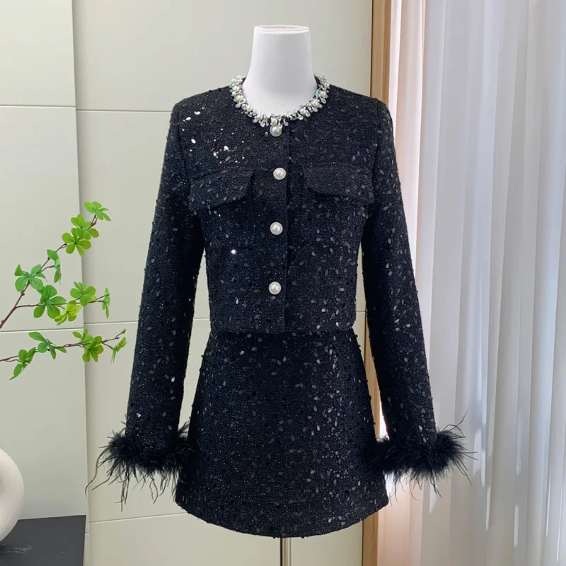 Autumn Winter Clothes Fashion Luxury Tweed Two Piece Set For Women Short Jacket Coat + Skirt Suits 2 Piece Sets Women Outfit