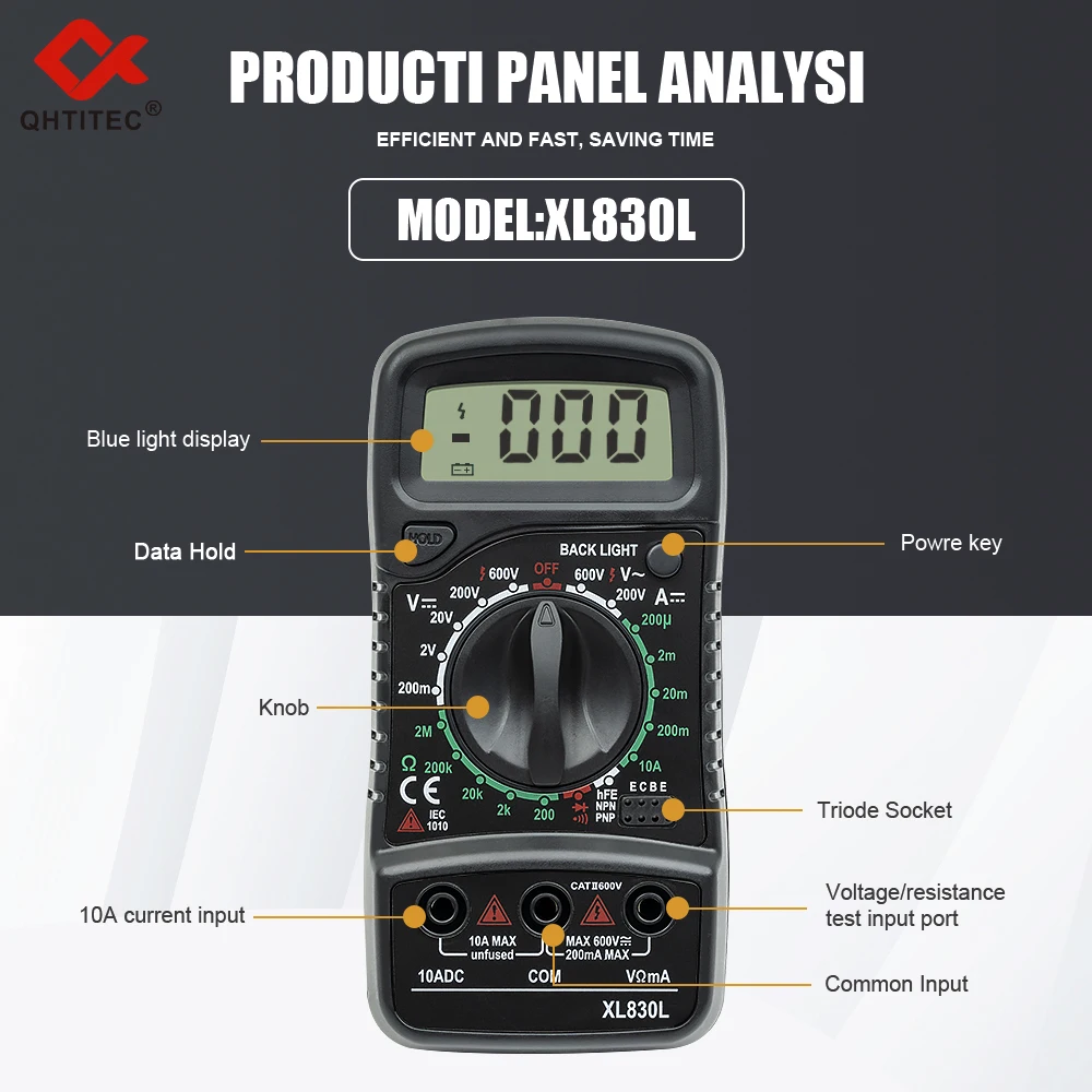 Imagem -03 - Multímetro Digital ac dc Amperímetro Voltímetro Ohm Voltage Tester 1999 Contagem Multifuncional Portátil Qhtitec-xl830l