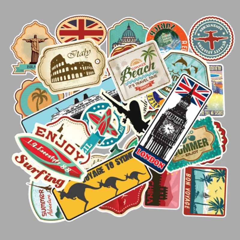 100Pcs/set Travel Map Country Famous Logo PVC Waterproof Stickers Decor Suitcase