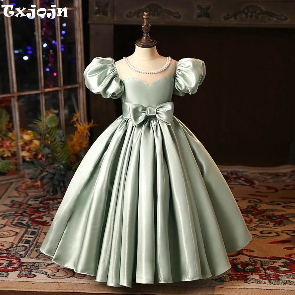 Cute Green Puff Sleeves Ball Gown Birthday Party Exquisite Bow Princess Dress Graceful Flower Girls Dresses For Wedding