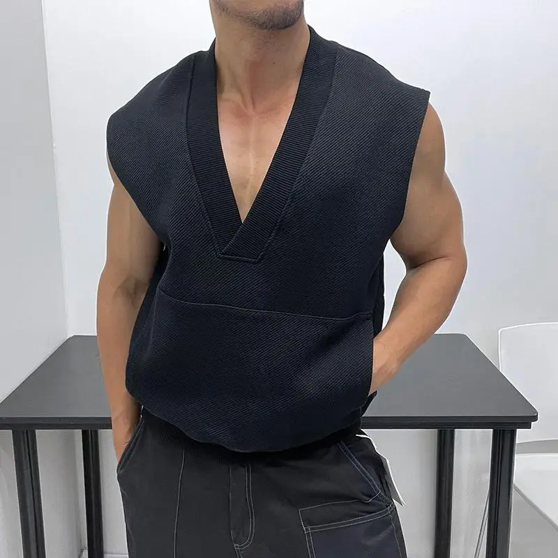 

Cotton Oversized 2xl V Neck Men Tank Tops Korean Fashion Spring Autumn All-match Loose Vest Clothing Black Grey Sleeveless Shirt