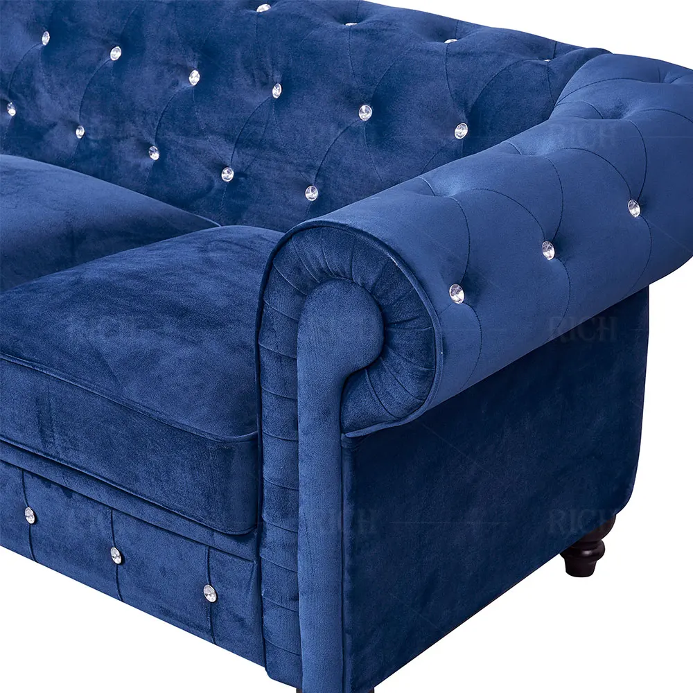 Classic Chesterfield Tufted Sofa Hotel Furniture 3 Seater Blue Velvet Office Couch Sofa Sets Living Room