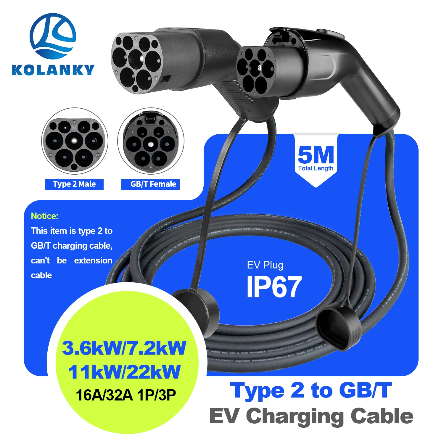 Kolanky EV كابل شحن Type2 ذكر التوصيل إلى GB/T المقبس سيارة الجانب 16A 3.6kW 32A 7.2kW 1P 11kW 22kW 3P ل GBT مركبة كهربية