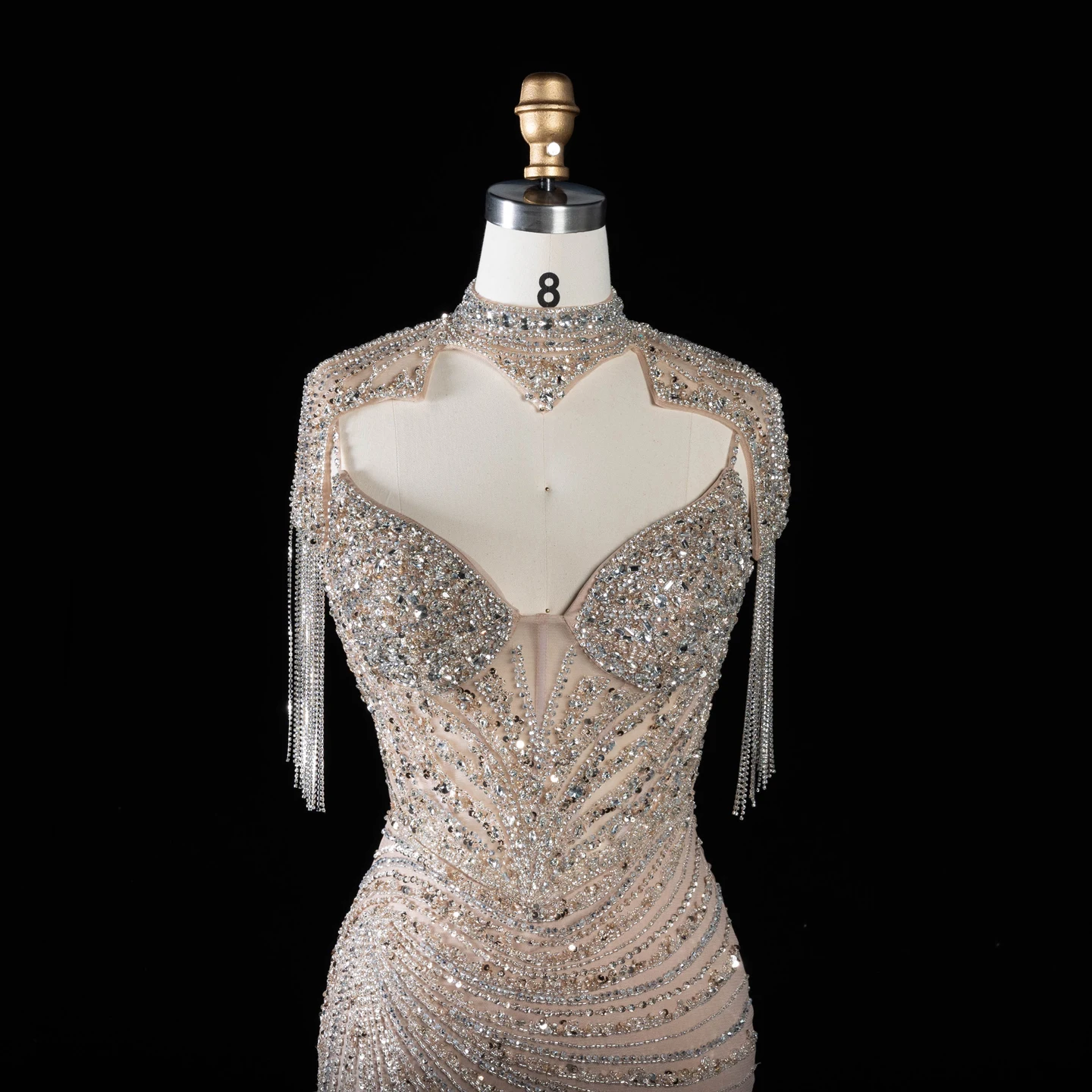 Sharon Said Luxuriöses Champagner-Abendkleid mit Quastenumhang, Diagonalen Strasssteinen, Meerjungfrauen-Schnitt, für formelle Anlässe und Partys, SS184, Maßanfertigung – Detail 5