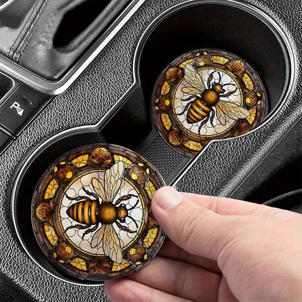 Colorful Bee Spread Wings EVA Car Coasters 2pcs Cup Holder With Finger Notch 2.75 Inch Car Interior Accessories Gift