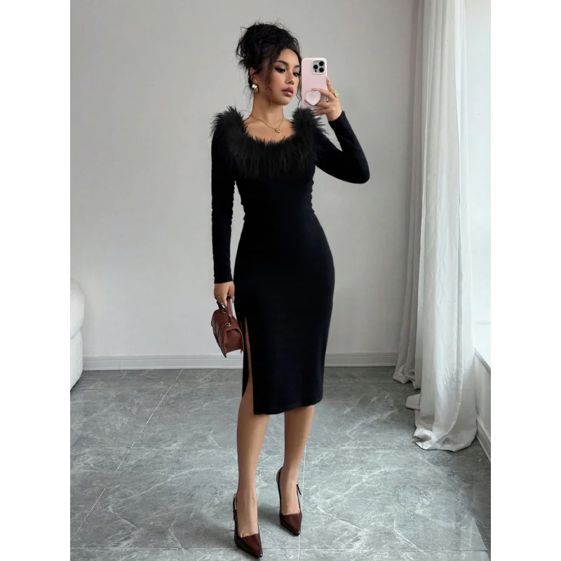 فستان YQ1-أسود بياقة قطيفة للنساء، فستان طويل بقصة ضيقة للخريف والشتاء مع فتحة جانبية، فستان سهرة أنيق