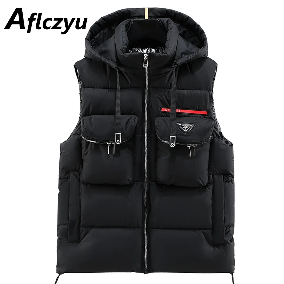 Hooded Vests Men Autumn Winter Thick Vests Fashion Casual Sleeveless Jacket Male Solid Color Cargo Vest Black Grey