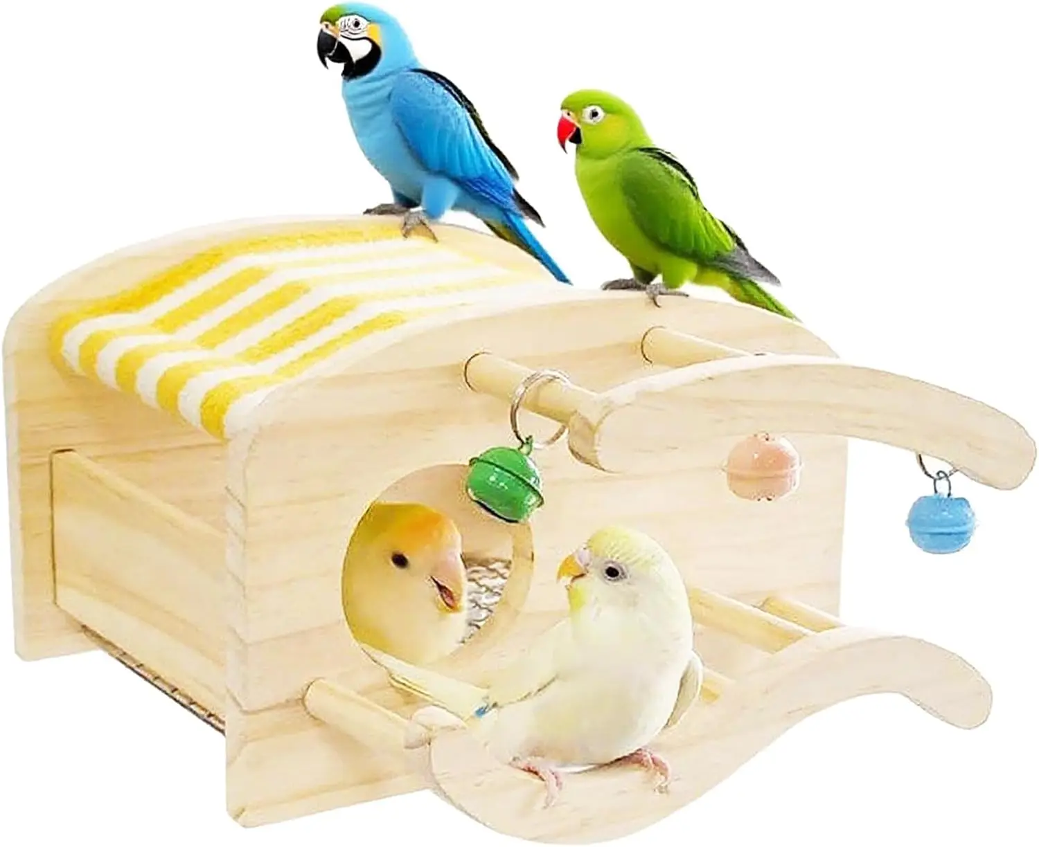 

Wooden Bird Nest Parrot Bed with Ladder and Bell - Detachable Bottom Stainless Steel mesh Base, Bird Cage Accessories for Parake