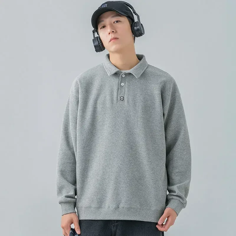 T Polo Shirts For Men Baggy Japan Tops Sweatshirts Male Clothes Waffle It Long Sleeve Casual With Trend Unique Sale Tee F Full