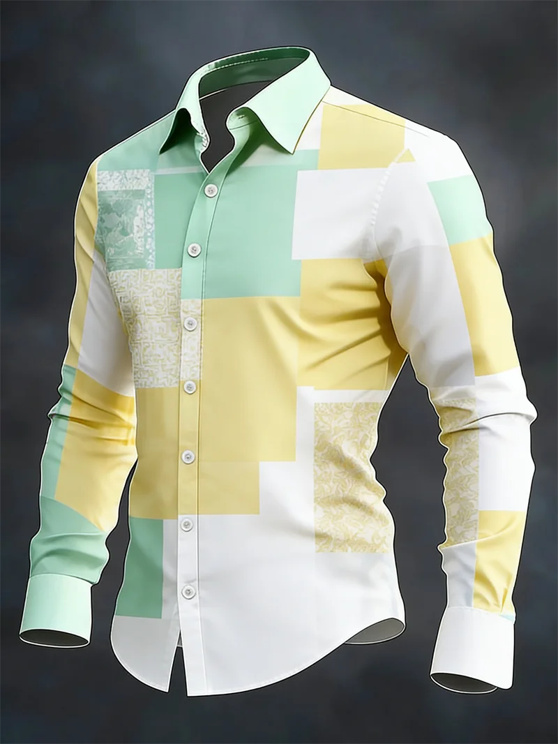 New men's long sleeved shirt casual fashion 3D color block printing high-quality shirt single breasted long sleeved top