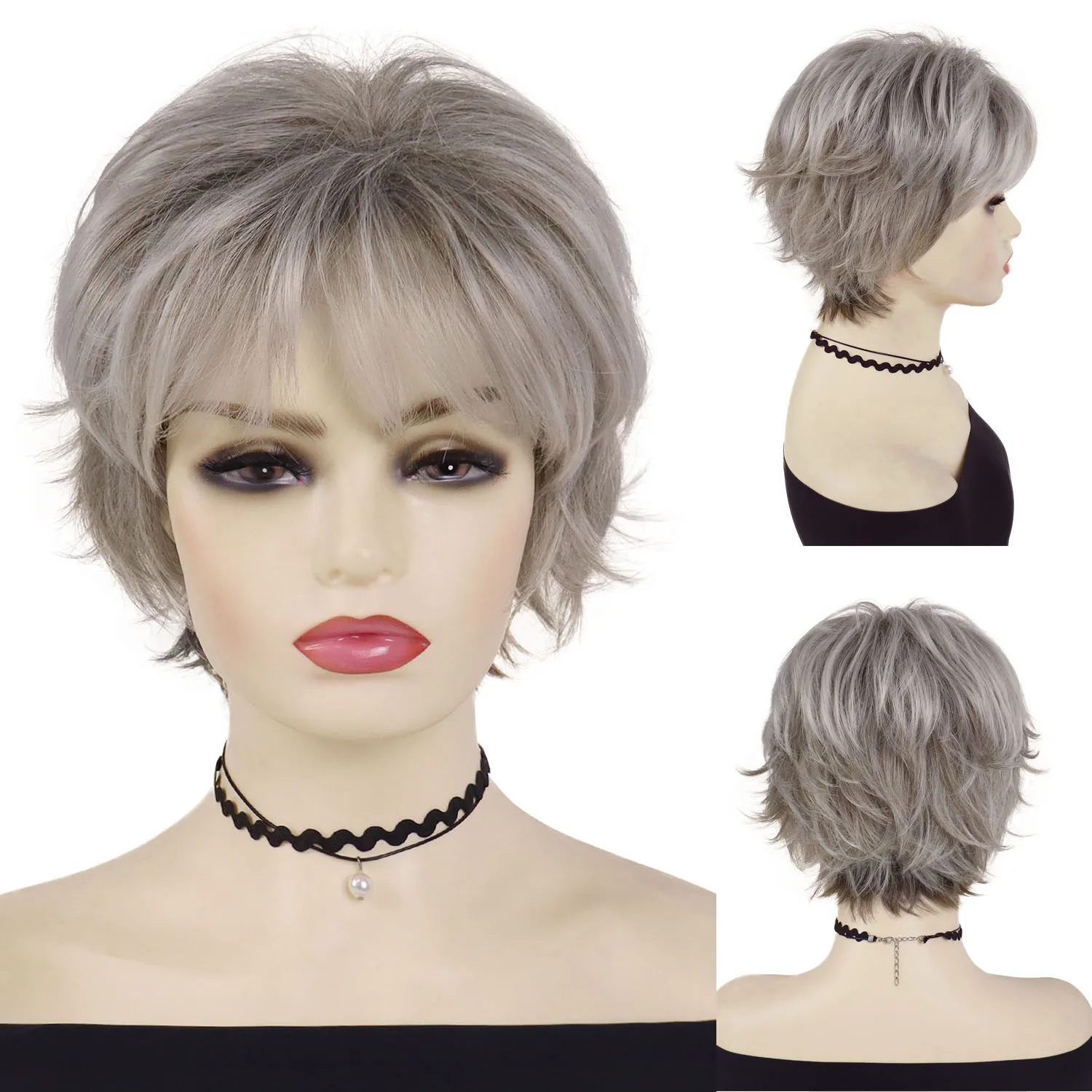 

Short Wigs for Women Synthetic Hair Natural Hairstyles Mommy Wig Ash Blonde Color Casual Wig with Bangs Pixie Cut Wigs Daily
