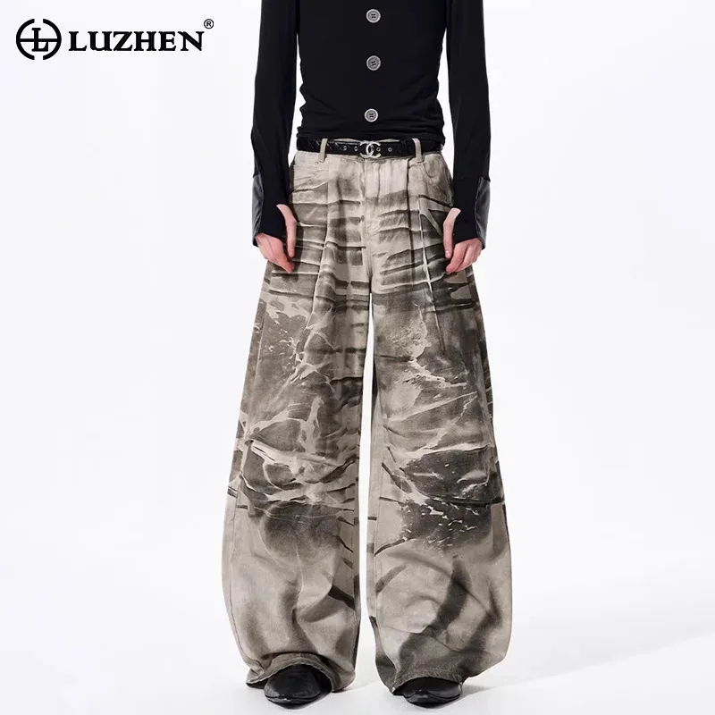 

LUZHEN 2026 Весенние стильные оригинальные джинсы с узором тай-дай в винтажном стиле, прямые повседневные брюки для мужчин, модные свободные джинсы JY6371
