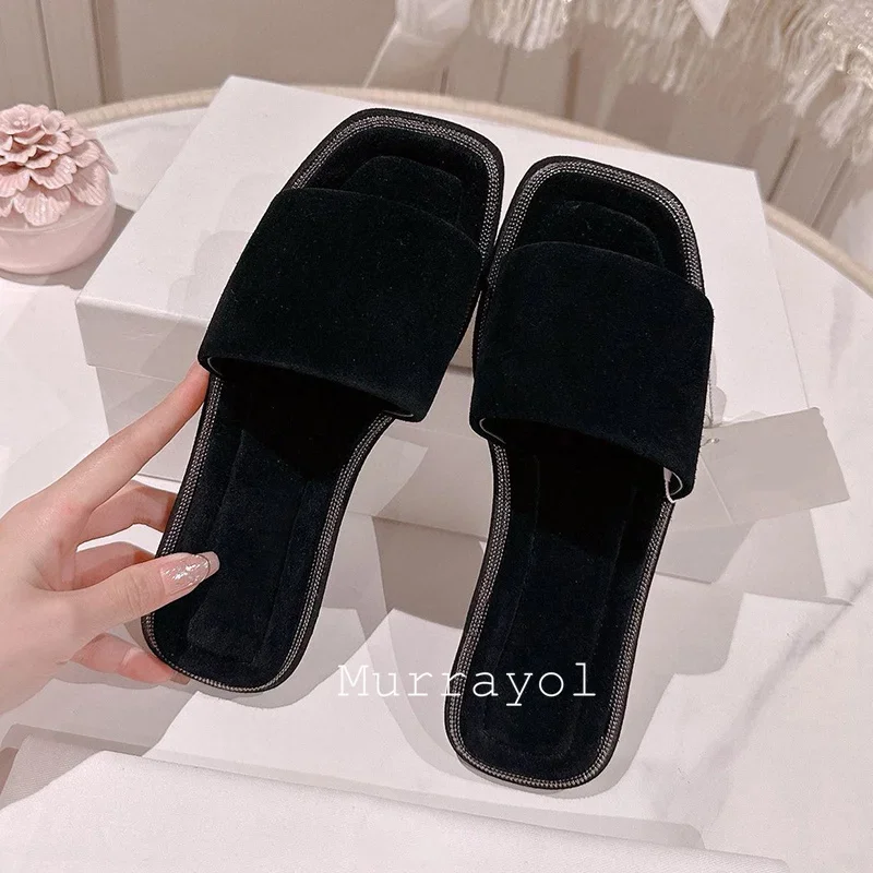 New Open Toe String Bead Decor Slippers Women Genuine Leather One Strap Flat Slippers Summer Outdoor Vacation Beach Shoes Slides