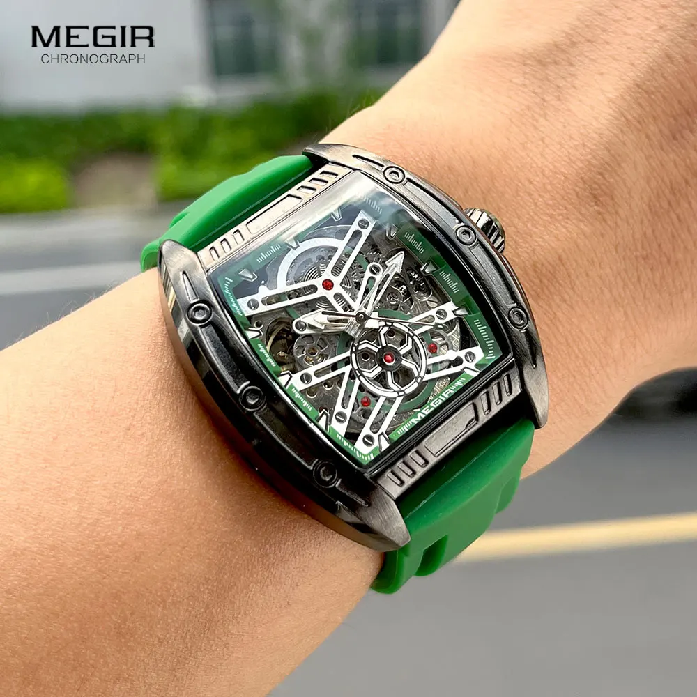 MEGIR Fashion Green Silicone Strap Mechanical Watch Men Military Sport Waterproof Analog Automatic Wristwatch with Tonneau Dial