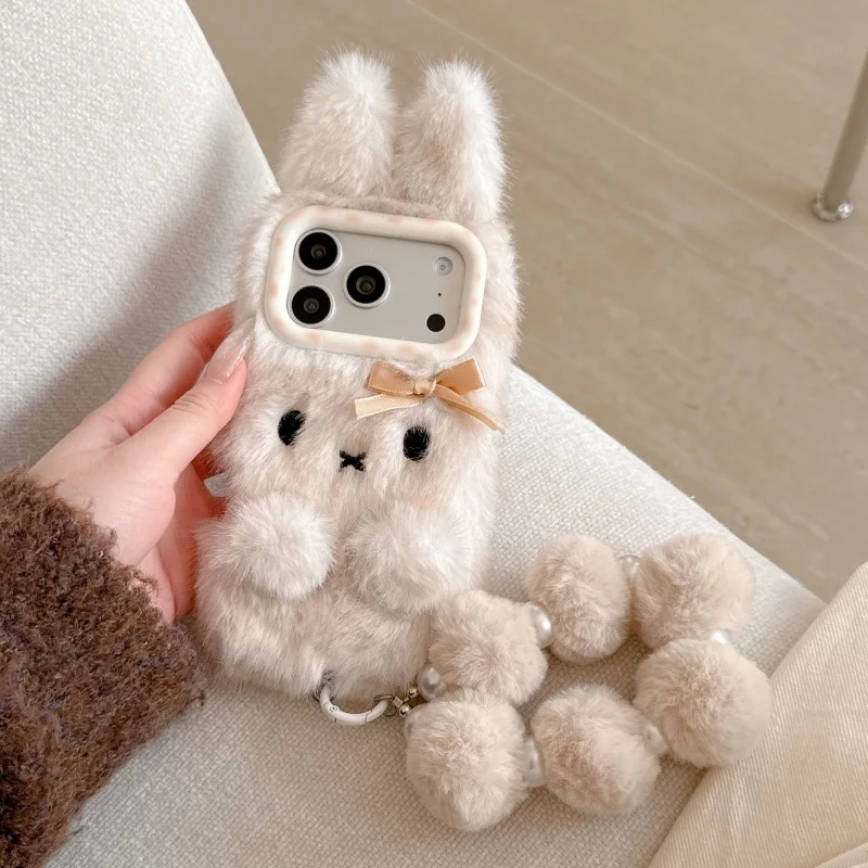

Winter Luxury Cute Pink White Miffy hand warmer Plush phone case for iPhone 17 13 14 15 16Pro Max Plus Cartoon Furry Miffy Cover