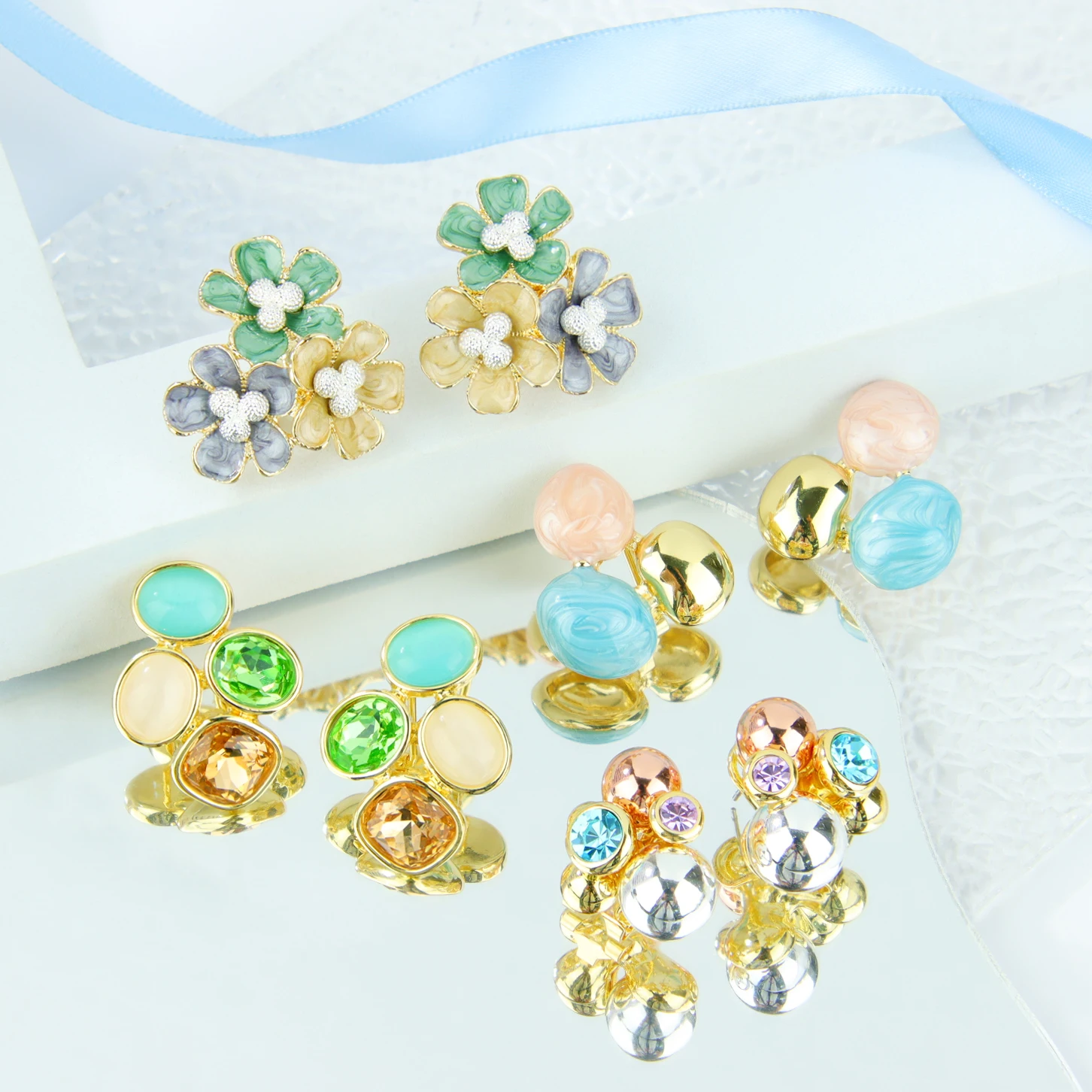 European Fashion Enamel Stud Earrings 14k Luxury Charm Floral Exquisite Crystal Drop Earrings Italian Women Statement Jewelry
