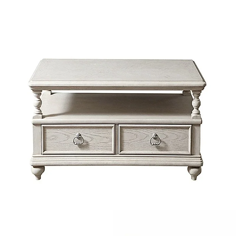 

American solid wood coffee table, living room retro old rectangular edge with drawers storage coffee table