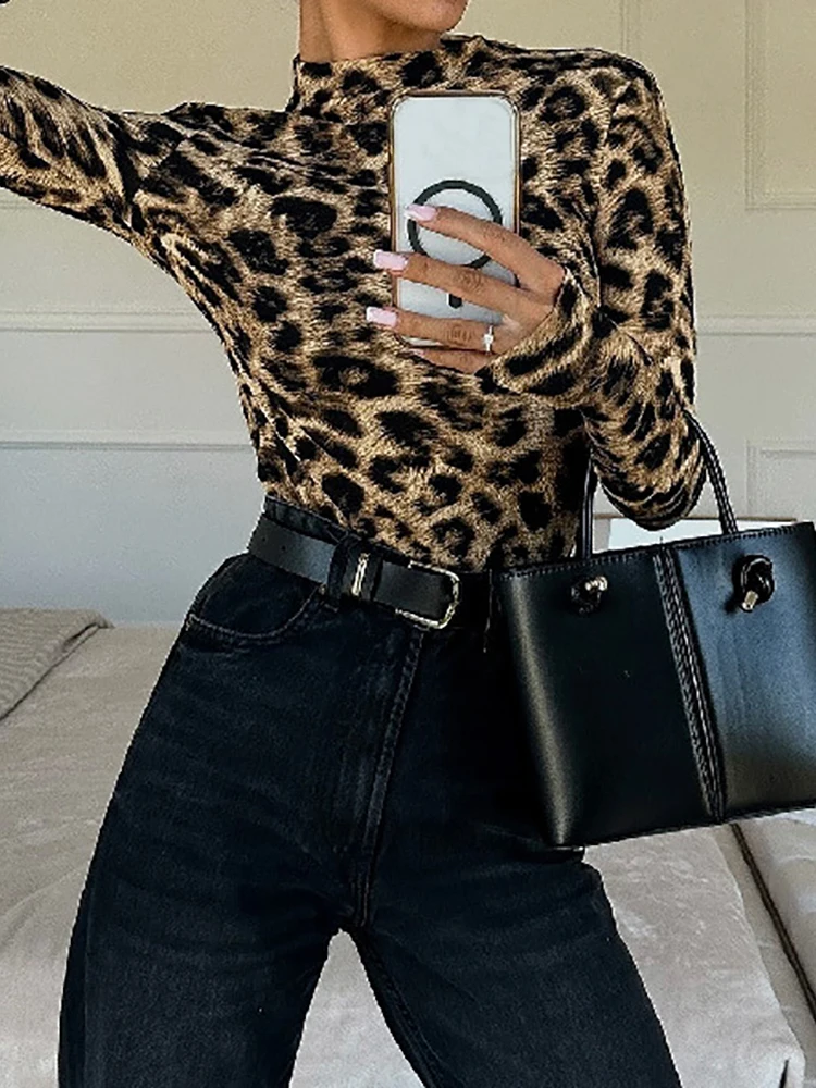 

Простые блузки с воротником-стойкой на весну и осень, женские повседневные шикарные топы с длинными рукавами, женские прямые рубашки с леопардовым принтом 2025 года, Blusas