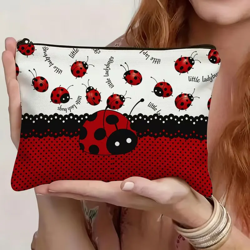 1Pc, Ladybug Print Makeup Bag, Durable Zipper Closure, Essential for Frequent Travel, Exquisite Accessory Storage, Durable Linen