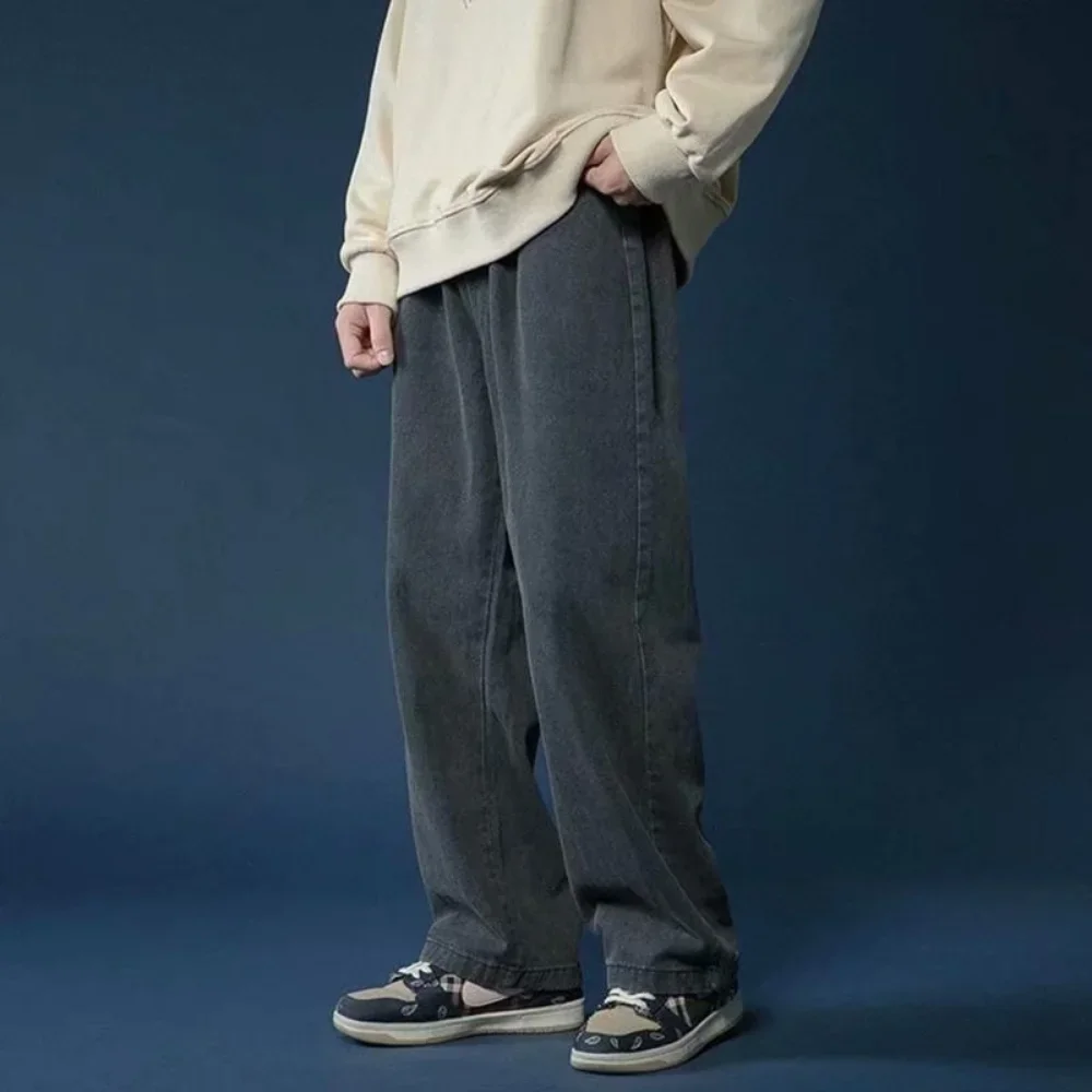 กางเกงยีนส์ผู้ชายสไตล์เกาหลี รุ่นนักเรียน ลำลอง ทรงตรง ขากว้าง สไตล์สตรีท สีดำ เทา น้ำเงิน กางเกงทรงหลวม