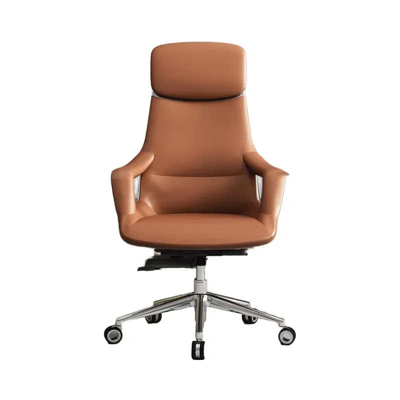 Genuine Leather Executive Office Chair with Aluminum Alloy Base Brown High Back Ergonomic Manager Chair